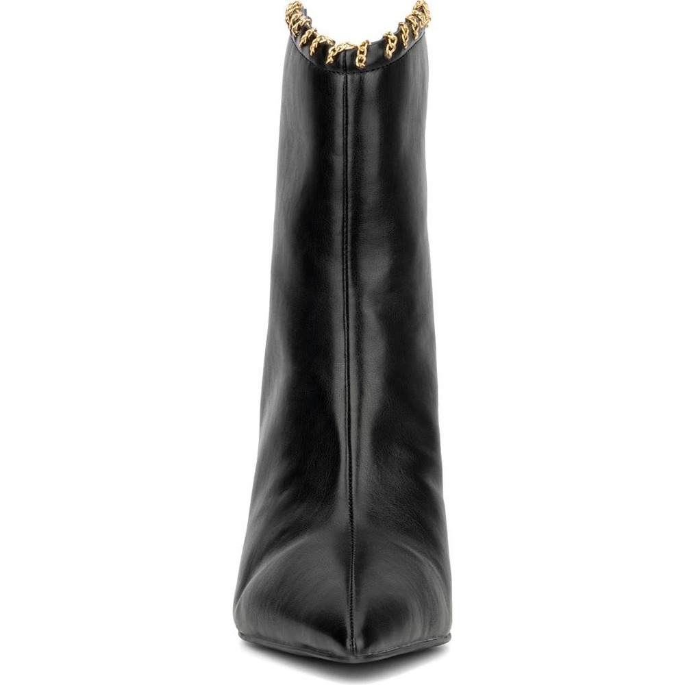 NY Collection Black Pointed Toe‎ Stiletto Heel Ankle Booties Gold Chain Trim 8.5 - Picture 2 of 14